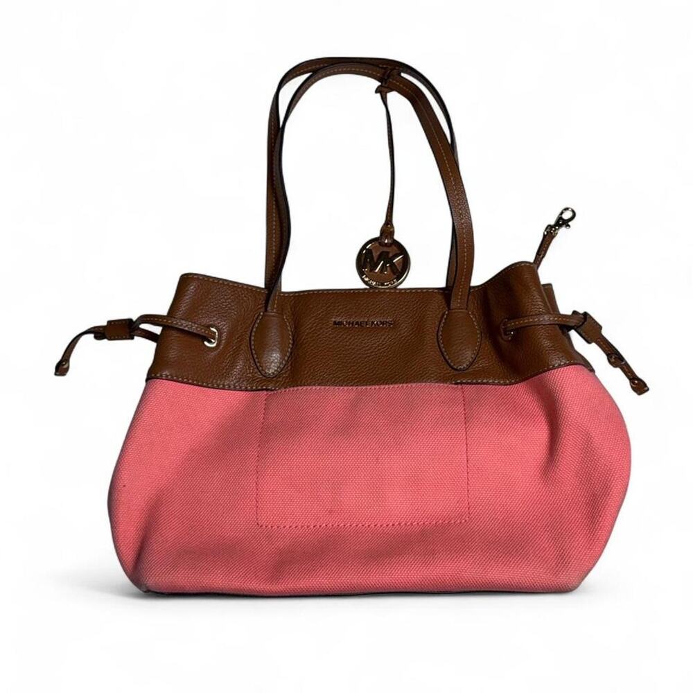 Women’s Michael Kors Marina E/W Drawstring Tote in Pink Canvas/Brown Leather